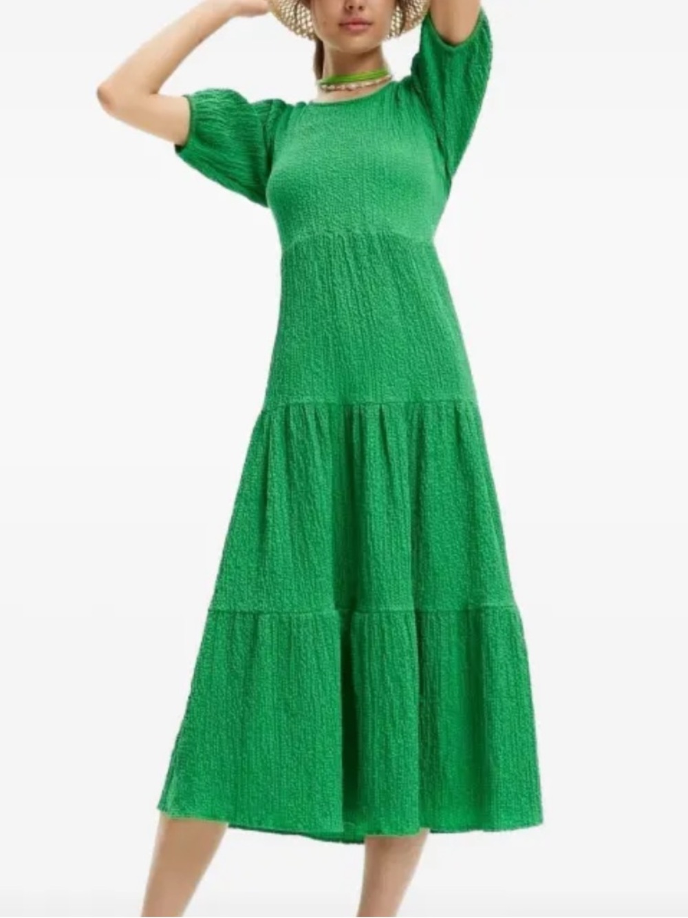 Desigual Emerald Green Tiered Short-Sleeve Midi Dress Size L Puff Sleeve Party